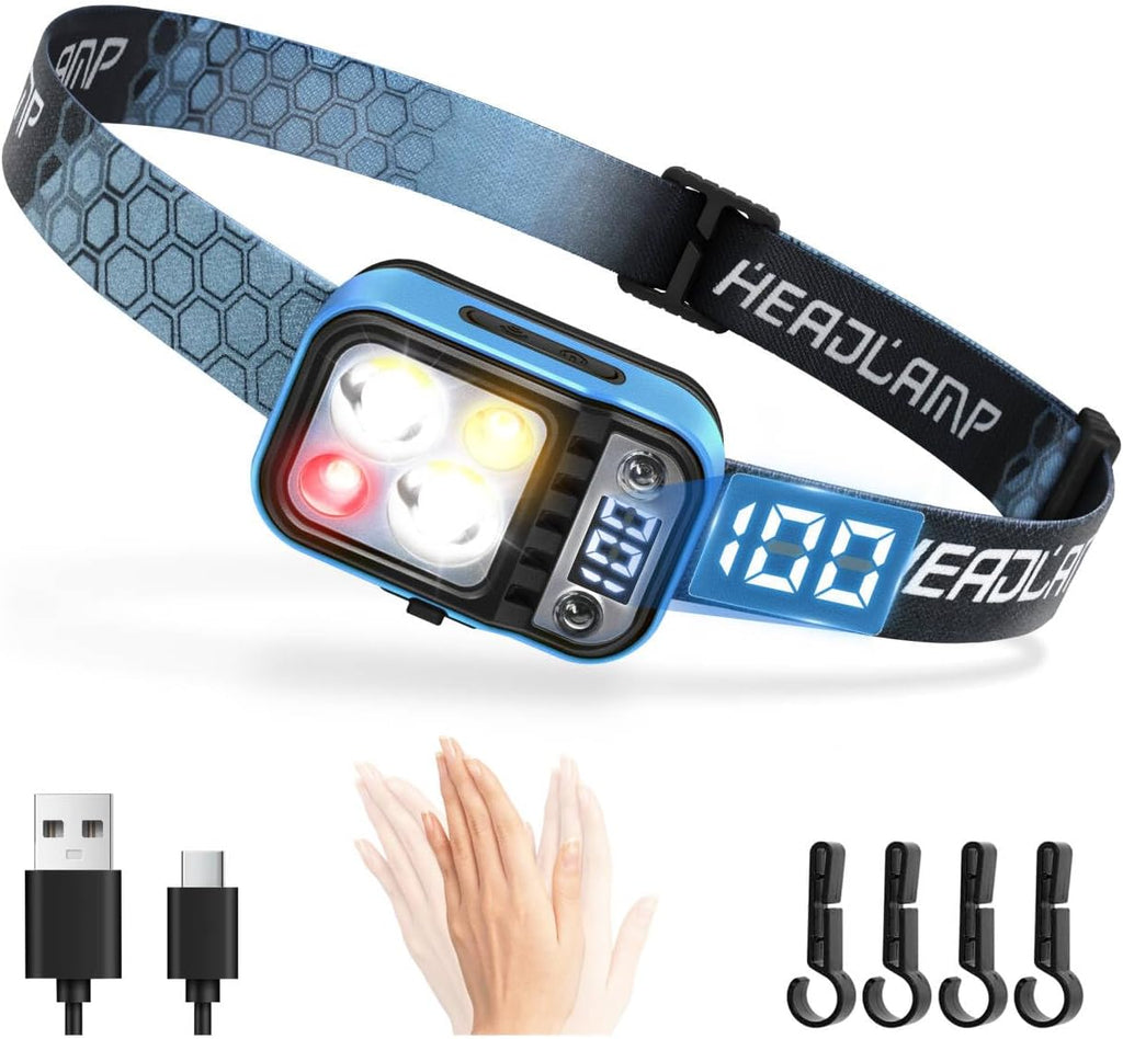 DARKDAWN Rechargeable LED Headlamp with 5 Modes – USB-C, Motion Sensor, Digital Power Display, Adjustable Up/Down, Ideal for Camping and Car Repairs (1 Pack)