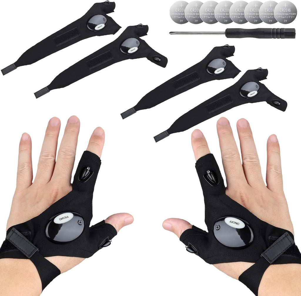 Flashlight Gloves for Men, 4 PCS (2 Pairs) LED Gloves, with Finger Flashlights for Fishing, Repairing and Camping, Ideal Gifts for Men, Dads and Boyfriends on Valentines Day and Birthdays