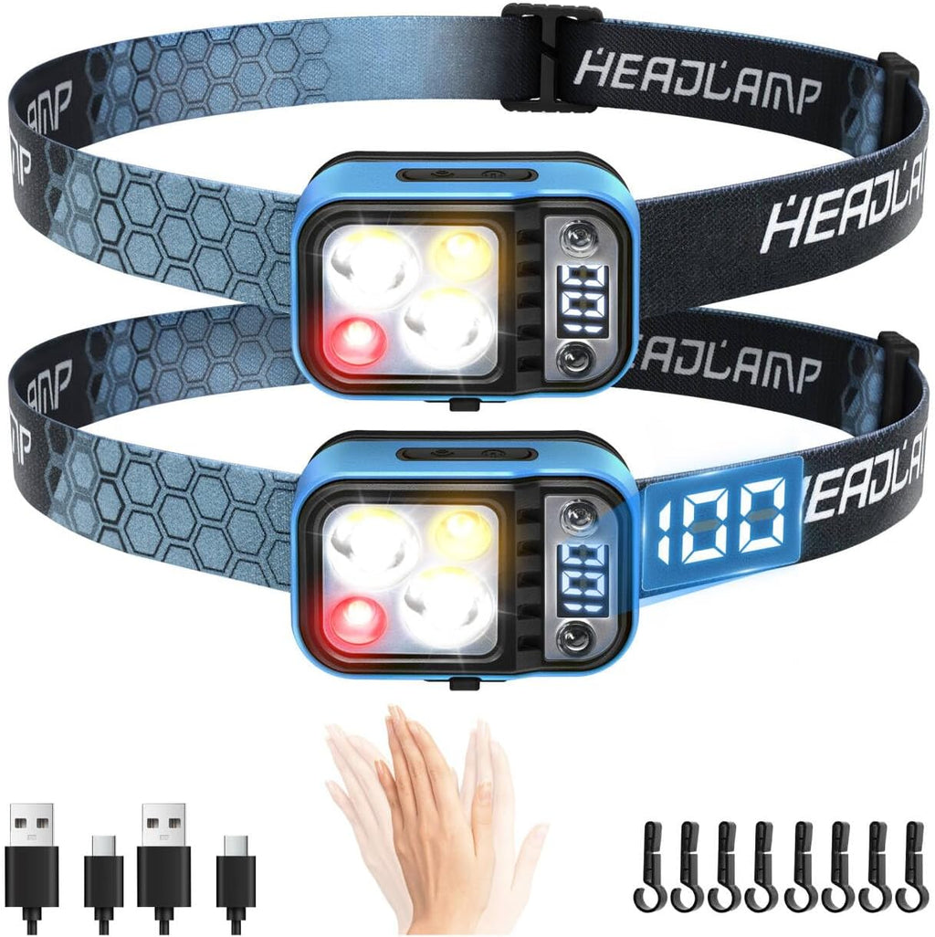 DARKDAWN Rechargeable LED Headlamp with 5 Modes – USB-C, Motion Sensor, Digital Power Display, Adjustable Up/Down, Ideal for Camping and Car Repairs (1 Pack)