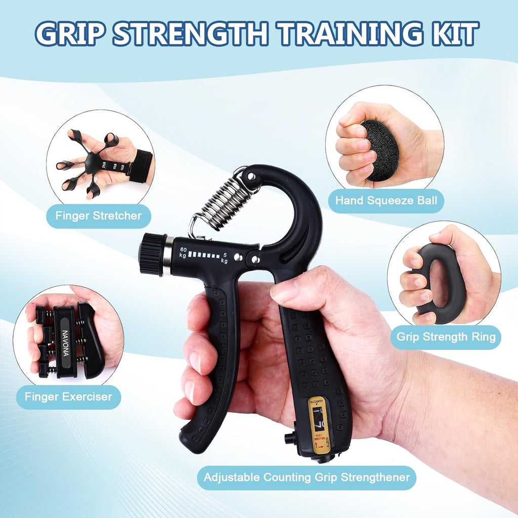 5-Piece Grip Strength Trainer Kit: Hand Gripper, Forearm & Finger Exercisers, Stress Relief Ball, and Forearm Workout Ring for Muscle Building and Injury Recovery