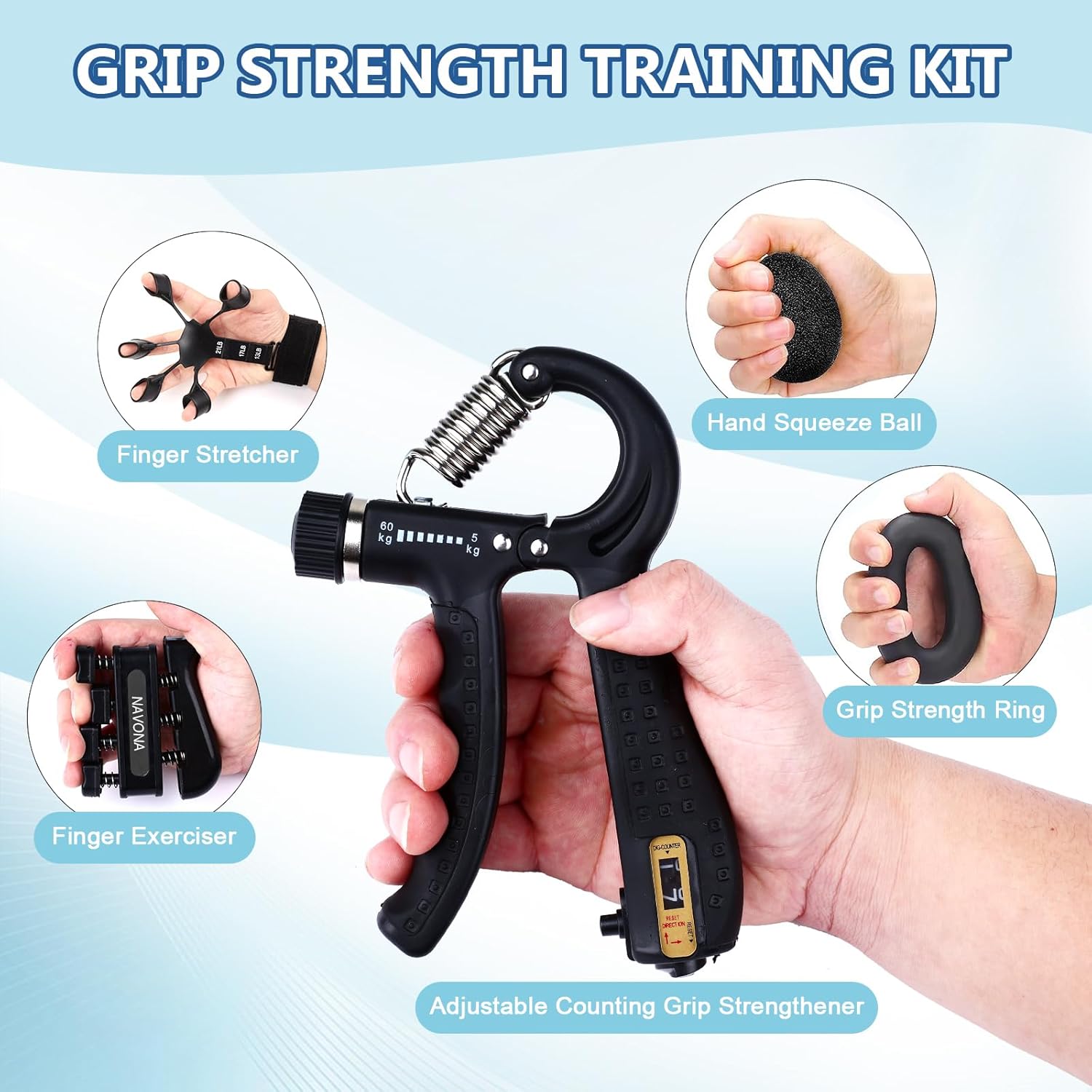 5-Piece Grip Strength Trainer Kit: Hand Gripper, Forearm & Finger Exercisers, Stress Relief Ball, and Forearm Workout Ring for Muscle Building and Injury Recovery