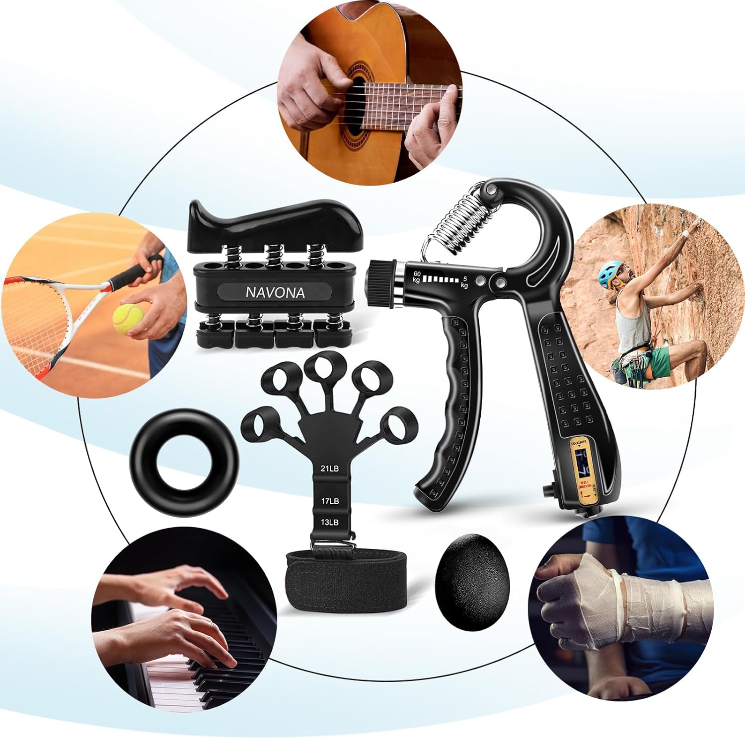 5-Piece Grip Strength Trainer Kit: Hand Gripper, Forearm & Finger Exercisers, Stress Relief Ball, and Forearm Workout Ring for Muscle Building and Injury Recovery