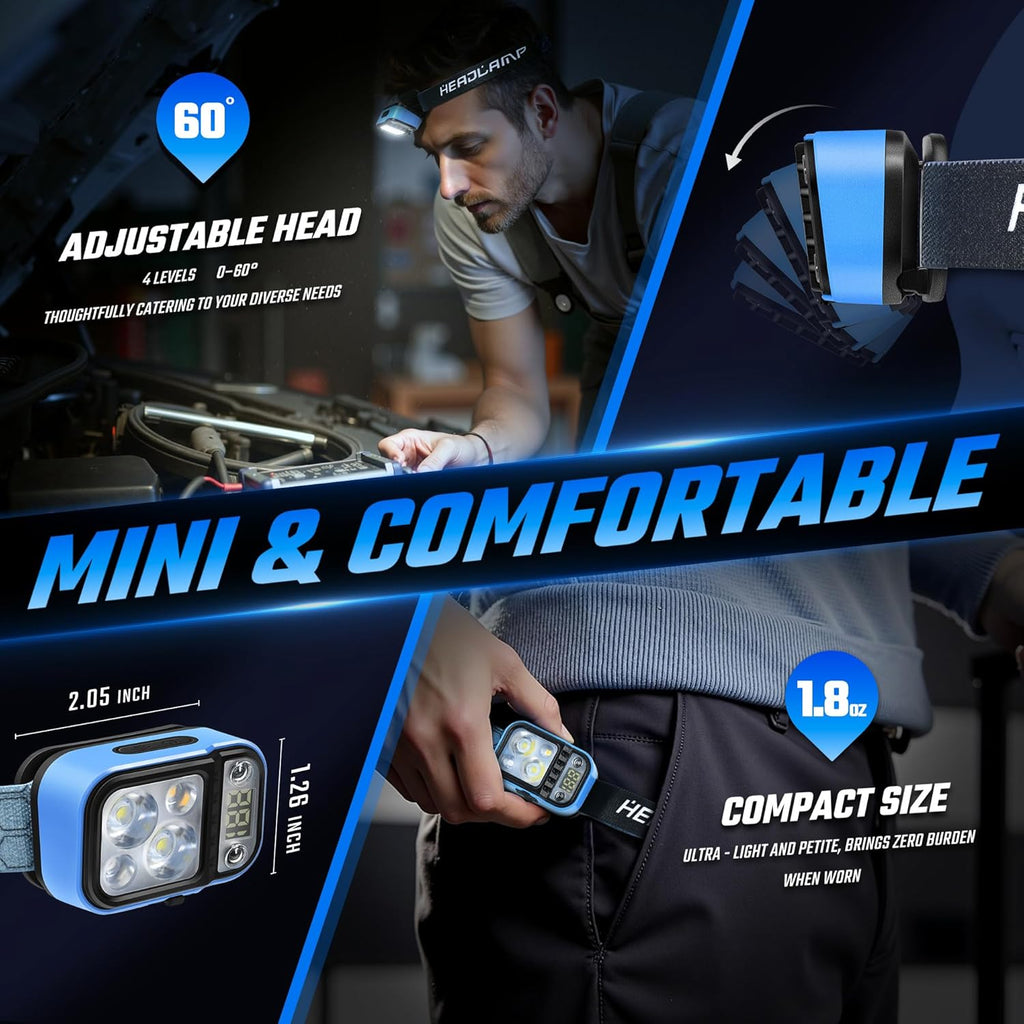 DARKDAWN Rechargeable LED Headlamp with 5 Modes – USB-C, Motion Sensor, Digital Power Display, Adjustable Up/Down, Ideal for Camping and Car Repairs (1 Pack)