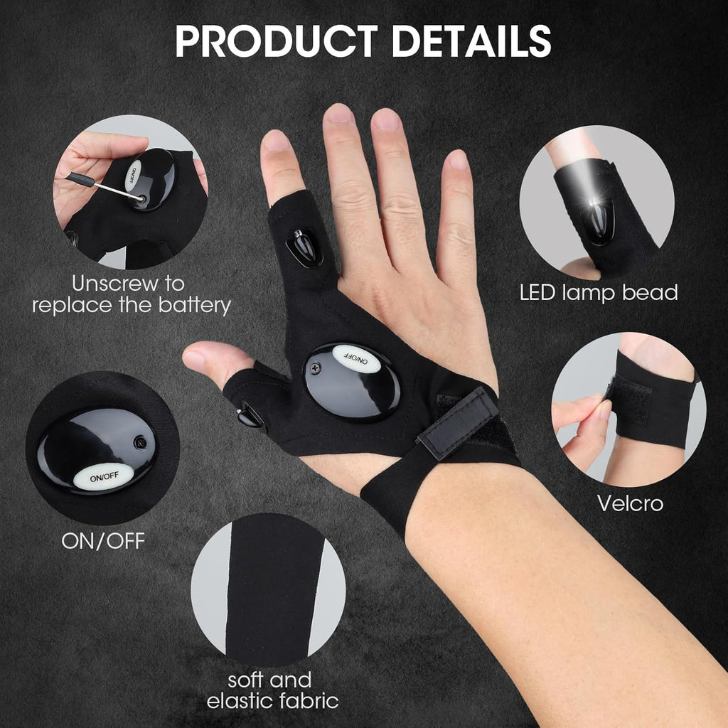 Flashlight Gloves for Men, 4 PCS (2 Pairs) LED Gloves, with Finger Flashlights for Fishing, Repairing and Camping, Ideal Gifts for Men, Dads and Boyfriends on Valentines Day and Birthdays